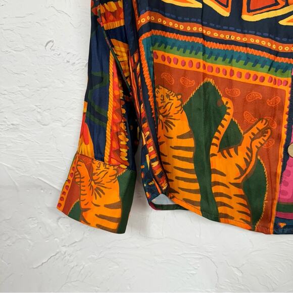 Rachel Zoe Colorful Tropical Print Button Down Shirt Womens XS Bird Palm Tree - Picture 2 of 11